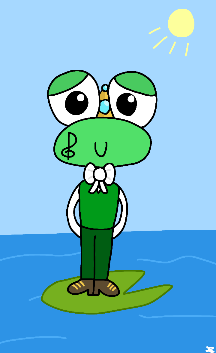 Cleff standing on a lily pad floating on the water. His hands are behind his back and he looks shy. He is wearing a white shirt, green sweater vest, green pants, heeled brown shoes, a white bowtie, and a golden crown with turquoise gems.